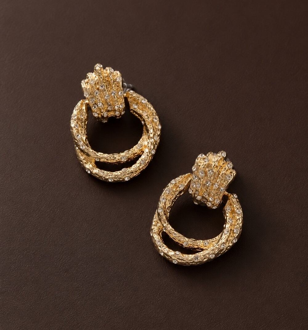 Ettika Hoop Crystal Buckle Pave Link Molten Earrings Boho Hammered CZ VTG